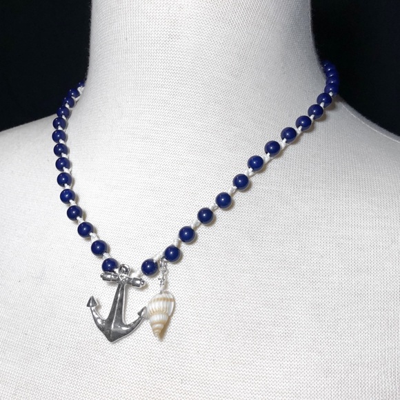 Navy Blue Beaded Anchor Necklace Earrings Set - Picture 3 of 3